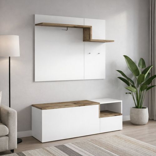 Mobile da Ingresso Bianco Lucido Marrone Acero 3 Ripiani Appendiabiti 120x40x154h cm, 2 Ante Made in Italy - Graziella