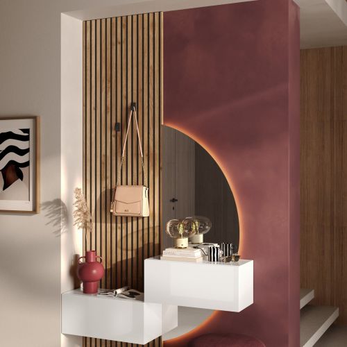 Mobile da Ingresso Bianco Lucido Marrone Pero Paia Cassetti 140x30x236h cm, Ripiani Made in Italy - Narbolia