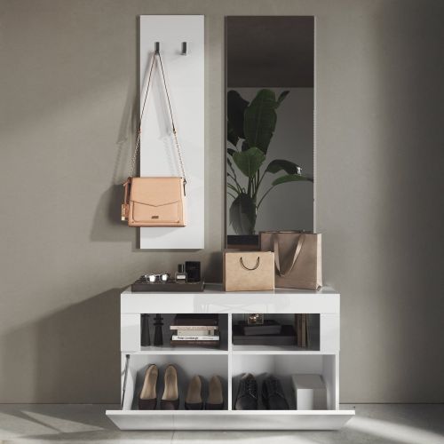 Mobile da Ingresso Bianco Lucido Specchio Incluso 4 Paia 91x36x165h cm, 2 Ripiani - Toirano