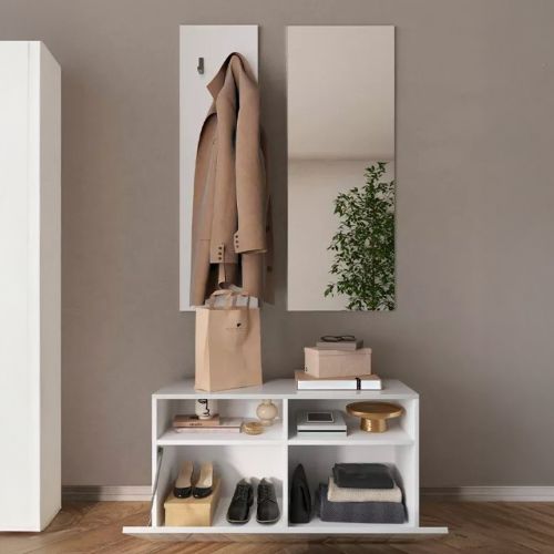 Mobile da Ingresso Bianco Lucido Trasparente Specchio Incluso Appendiabiti 91x36x165h cm, 4 Paia - Rizzuto