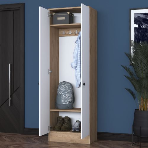 Mobile da Ingresso Bianco Marrone Noce 2 Ripiani Appendiabiti 60x38x183h cm, 2 Ante - Tursi