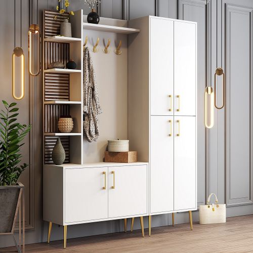 Mobile da Ingresso Bianco Marrone Noce Appendiabiti 13 Ripiani 150x35x202h cm, Apertura Battente - Paludi