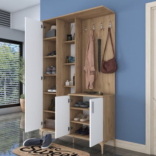 Mobile da Ingresso Bianco Marrone Noce Specchio Incluso Appendiabiti 120x38x199h cm, 11 Ripiani - Priero