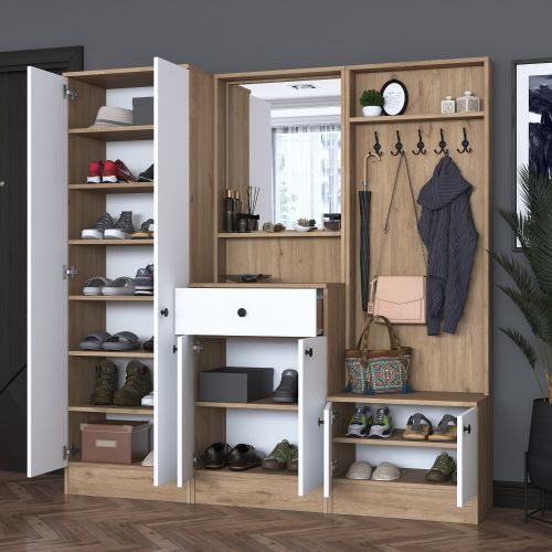 Mobile da Ingresso Bianco Marrone Noce Specchio Incluso Appendiabiti 179x36x183h cm, 11 Ripiani - Elmas