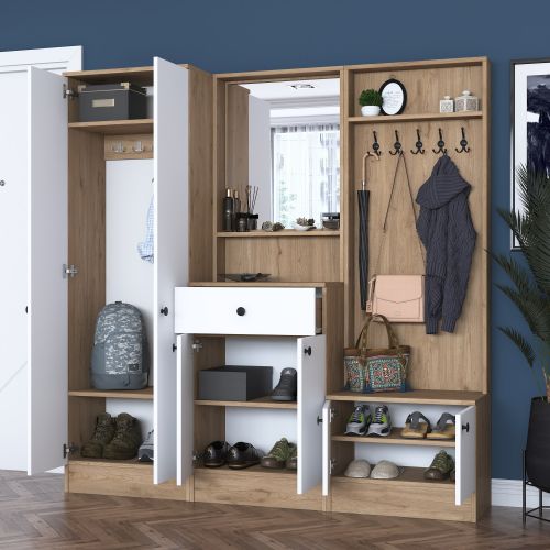 Mobile da Ingresso Bianco Marrone Noce Specchio Incluso Appendiabiti 179x38x183h cm, 8 Ripiani - Riace