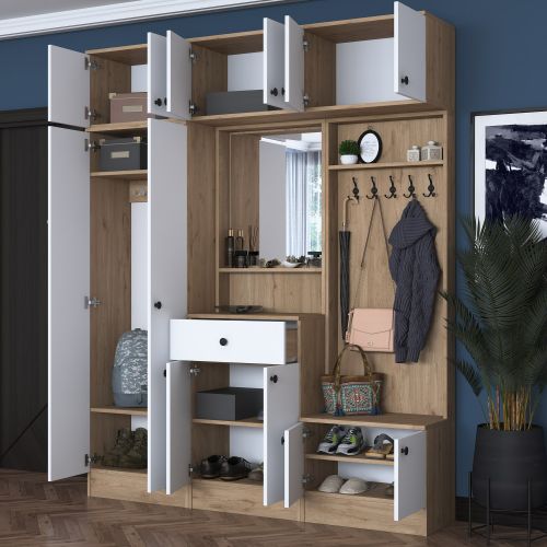 Mobile da Ingresso Bianco Marrone Noce Specchio Incluso Appendiabiti 179x38x226h cm, 11 Ripiani - Torpe
