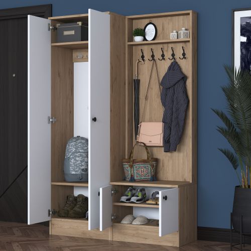 Mobile da Ingresso Bianco Marrone Rovere 5 Ripiani Appendiabiti 120x36x183h cm, 4 Ante - Rezzato