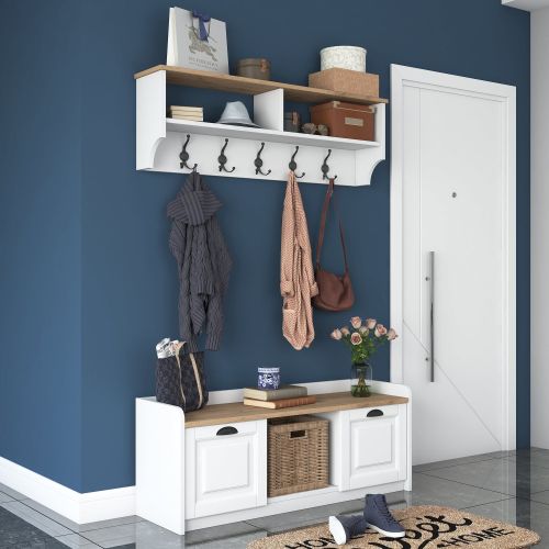 Mobile da Ingresso Bianco Marrone Rovere 6 Ripiani Appendiabiti 120x22x37h cm, Modulabile - Orte