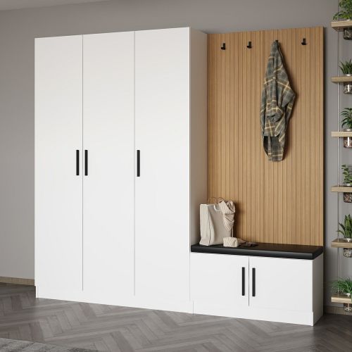 Mobile da Ingresso Bianco Marrone Rovere 7 Ripiani Appendiabiti 225x35x210h cm, 5 Ante - Tolfa
