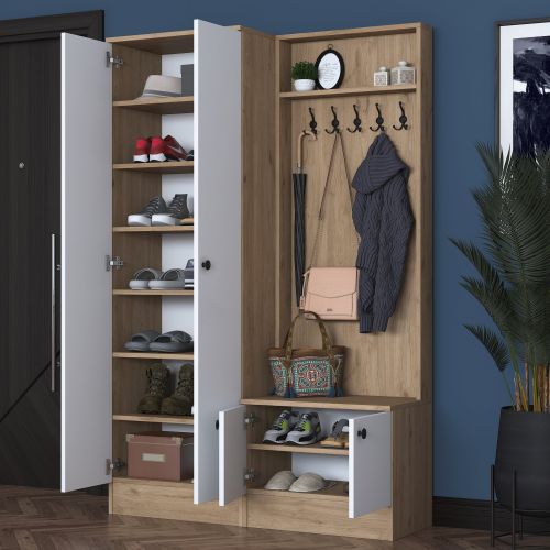 Mobile da Ingresso Bianco Marrone Rovere 9 Ripiani Appendiabiti 120x38x183h cm, 4 Ante - Osilo