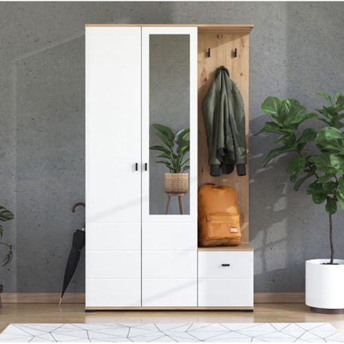 Mobile da Ingresso Bianco Marrone Rovere Nodi Specchio Incluso 4 Ripiani 116x35x197h cm, Appendiabiti - Raroto