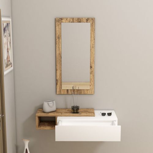 Mobile da Ingresso Bianco Marrone Rovere Nodi Specchio Incluso un Cassetto 82x30x16h cm, un Ripiano - Ingria