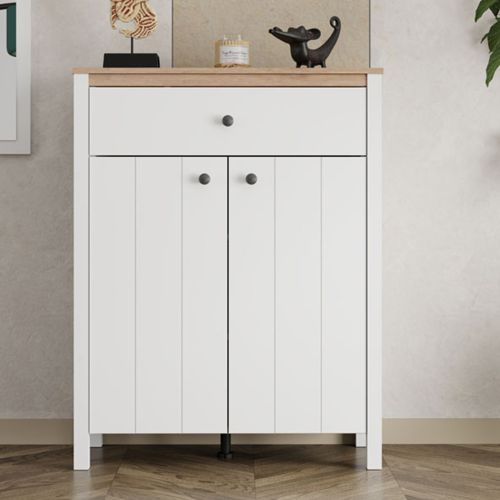 Mobile da Ingresso Bianco Marrone Rovere Nodi un Cassetto 2 Ripiani 86x40x111h cm, 2 Ante - Russel