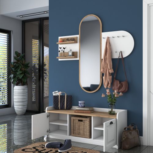 Mobile da Ingresso Bianco Marrone Rovere Specchio Incluso 5 Ripiani 120x40x45h cm, Appendiabiti - Crespino