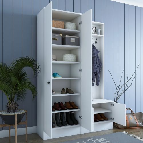 Mobile da Ingresso Bianco Nero 3 Ripiani Appendiabiti 120x37x183h cm, 4 Ante - Grue