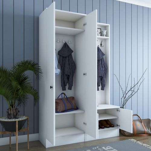 Mobile da Ingresso Bianco Nero 5 Ripiani Appendiabiti 120x37x183h cm, 4 Ante - Grue