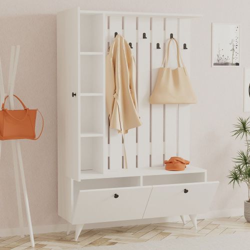 Mobile da Ingresso Bianco Nero Appendiabiti 6 Ripiani 112x35x170h cm, Apertura a Ribalta - Aiello
