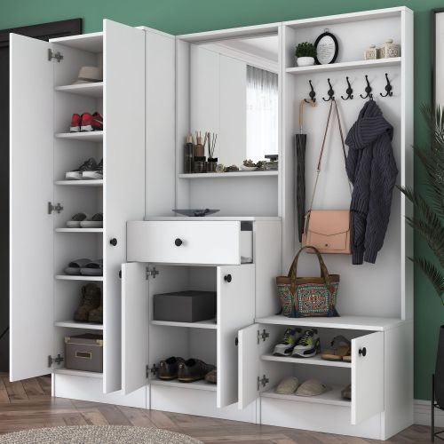 Mobile da Ingresso Bianco Nero Specchio Incluso Appendiabiti 179x37x183h cm, 11 Ripiani - Manzano
