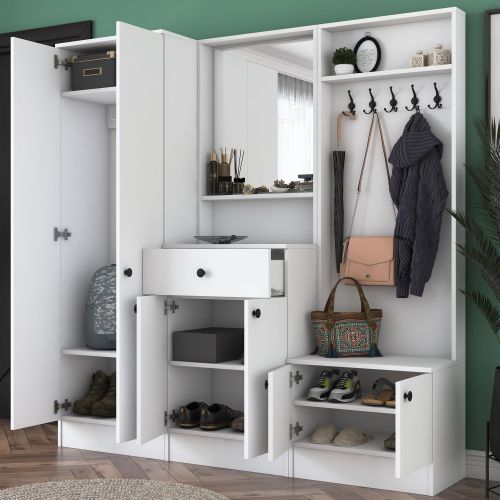 Mobile da Ingresso Bianco Nero Specchio Incluso Appendiabiti 179x37x183h cm, 7 Ripiani - Manzano