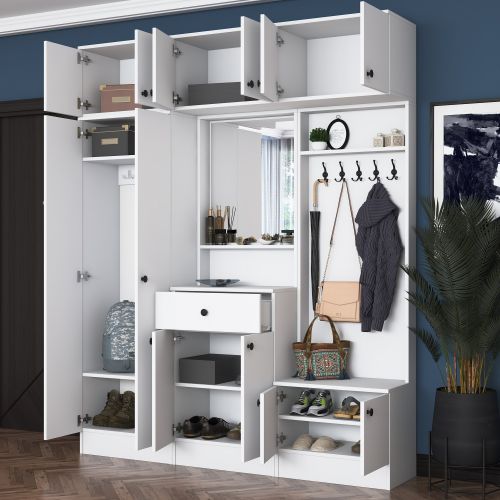 Mobile da Ingresso Bianco Nero Specchio Incluso Appendiabiti 180x36x226h cm, 11 Ripiani - Torpe