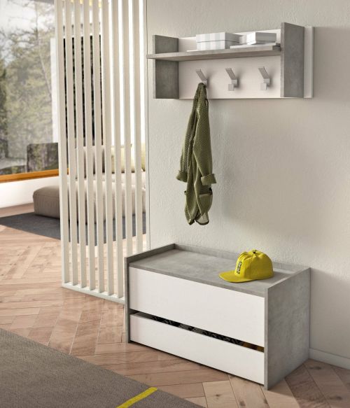 Mobile da ingresso Brionia, Entratina moderna con appendiabiti, Mobile con scarpiera, Armadietto multifunzione, Cm 50x32h182, Cemento e Bianco