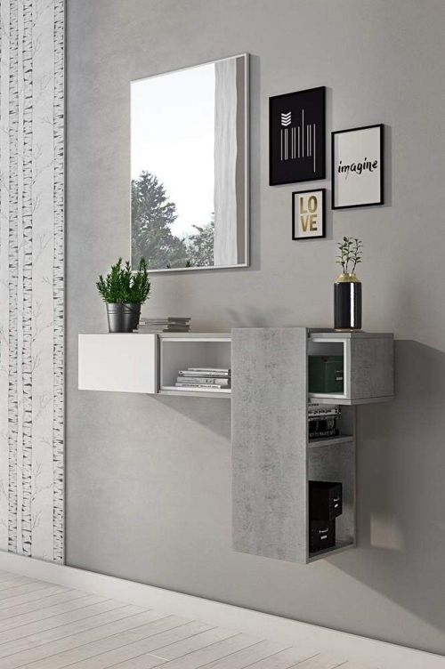Mobile da ingresso Calella, Entratina sospesa, Mobile da parete con specchio, Svuota tasche da ingresso con cassetto e specchio, 100x27h75 cm, Cemento, Bianco