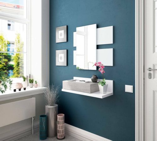 Mobile da ingresso Erie, Entratina sospesa con specchio, Mobile con cassetto per entrata, 75x29h90 cm, Bianco e Cemento