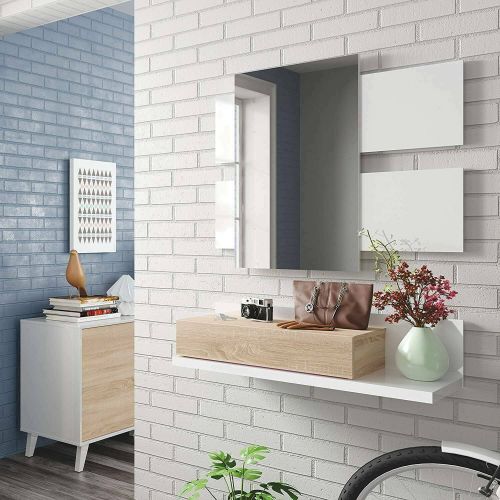 Mobile da ingresso Erie, Entratina sospesa con specchio, Mobile con cassetto per entrata, 75x29h90 cm, Bianco e Rovere