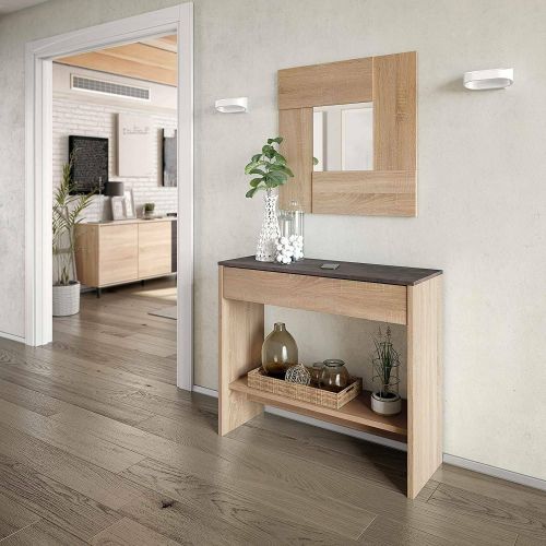 Mobile da ingresso Gilbert, Entratina con specchio, Mobile con cassetto e ripiano per entrata, Armadio moderno per atrio, 92x33h149 cm, Rovere e Noce