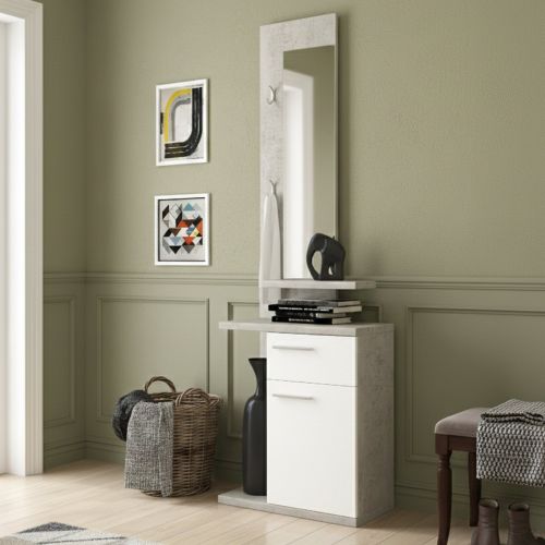 Mobile da Ingresso Grigio Cemento Bianco Specchio Incluso Paia 61x28x186h cm, un Cassetto - Candiolo