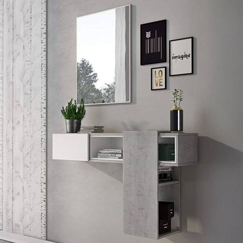 Mobile da Ingresso Grigio Cemento Bianco Specchio Incluso un Ripiano 100x31x75h cm, Appendiabiti - Limbadi