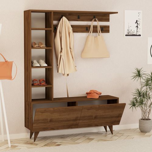 Mobile da Ingresso Marrone Noce Appendiabiti 6 Ripiani 120x32x162h cm, Apertura a Ribalta - Gordona