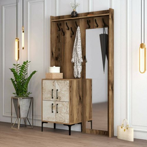 Mobile da Ingresso Marrone Noce Bianco Marmo Specchio Incluso 2 Ripiani 120x35x200h cm, Appendiabiti - Isidore
