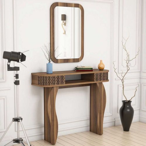 Mobile da Ingresso Marrone Noce Marrone Noce Specchio Incluso 2 Ripiani 105x30x85h cm, Modulabile - Gazzuolo