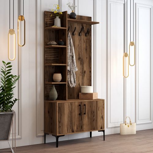 Mobile da Ingresso Marrone Noce Nero 8 Ripiani Appendiabiti 90x35x200h cm, Apertura Battente - Pecchi