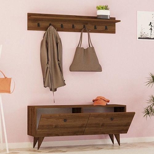 Mobile da Ingresso Marrone Noce Nero Appendiabiti 2 Ripiani 113x35x49h cm, Apertura a Ribalta - Serina