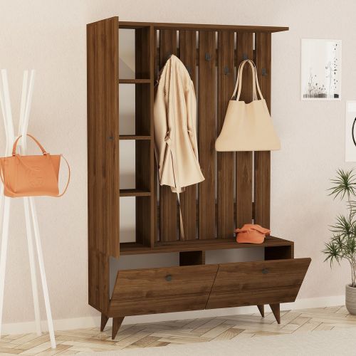 Mobile da Ingresso Marrone Noce Nero Appendiabiti 6 Ripiani 112x35x170h cm, Apertura a Ribalta, Battente - Cairate