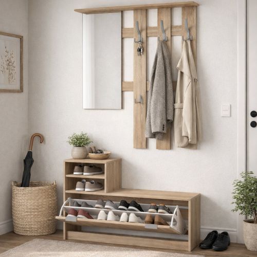 Mobile da Ingresso Marrone Rovere Grigio Specchio Incluso 4 Ripiani 100x29x191.5h cm, Appendiabiti - Tonengo