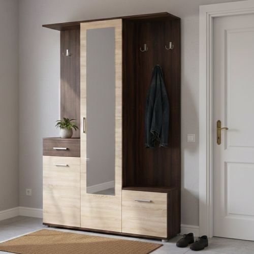 Mobile da Ingresso Marrone Rovere Marrone Noce Specchio Incluso un Cassetto 133.5x33x197.5h cm, 9 Ripiani - Volpara