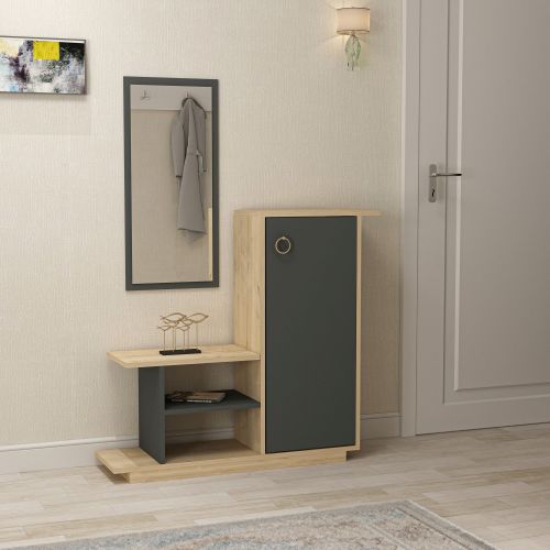 Mobile da Ingresso Marrone Rovere Nero Antracite Specchio Incluso 4 Ripiani 80x30x90h cm, Modulabile - Nibbiola