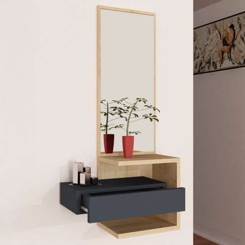 Mobile da Ingresso Marrone Rovere Nero Antracite Specchio Incluso un Cassetto 49x31x90h cm, 3 Ripiani - Equense