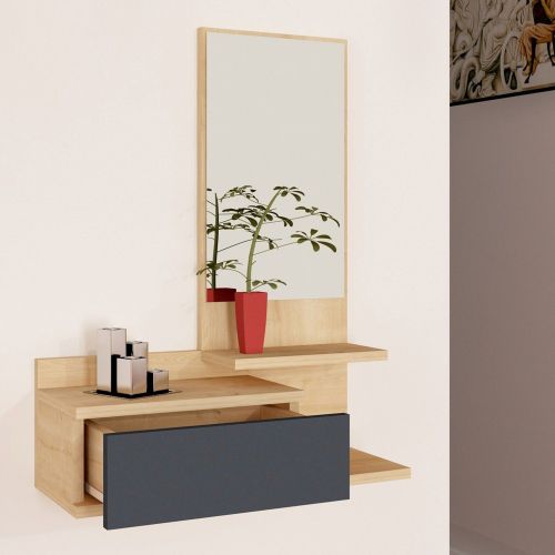 Mobile da Ingresso Marrone Rovere Nero Antracite Specchio Incluso un Cassetto 60x31x90h cm, 3 Ripiani - Minerbe