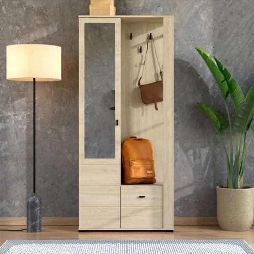 Mobile da Ingresso Marrone Rovere Nero Specchio Incluso 6 Ripiani 87x36x197h cm, Appendiabiti - Vique