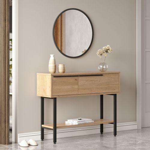 Mobile da Ingresso Marrone Rovere Nero Specchio Incluso Modulabile 100x30x76h cm, 2 Ripiani - Recale