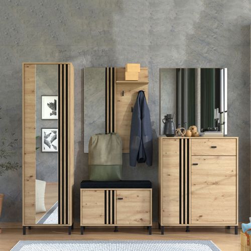 Mobile da Ingresso Marrone Rovere Nodi Grigio Scuro un Ripiano 2 Ante 80x40x52h cm, con Piedini, Comoda Seduta - Lalom