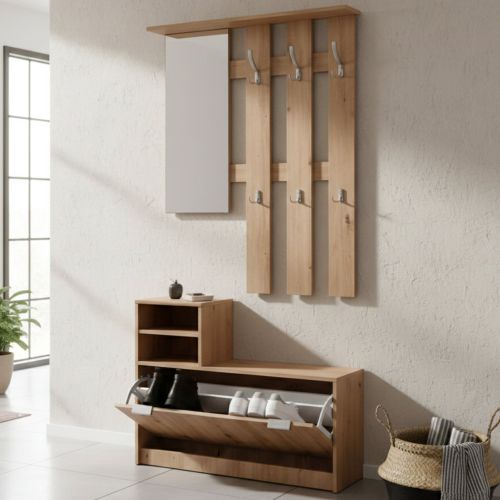 Mobile da Ingresso Marrone Rovere Nodi Grigio Specchio Incluso 4 Ripiani 100x29x191.5h cm, Appendiabiti - Tonengo