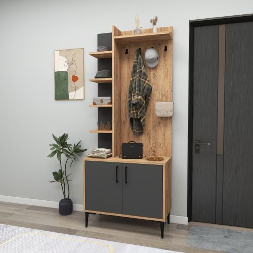 Mobile da Ingresso Marrone Rovere Nodi Nero Antracite 6 Paia 7 Ripiani 74x33x183h cm, Appendiabiti - Formigaro