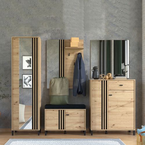 Mobile da Ingresso Marrone Rovere Nodi Nero Specchio Incluso 2 Ripiani 193x55x40h cm, Appendiabiti - Apia
