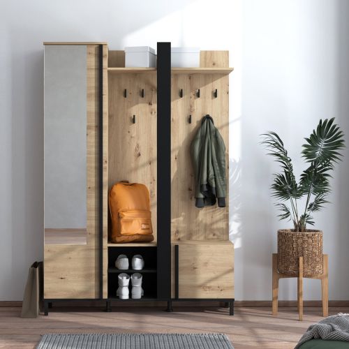 Mobile da Ingresso Marrone Rovere Nodi Nero Specchio Incluso 7 Ripiani 134.5x34.5x192.5h cm, Appendiabiti - Pandino