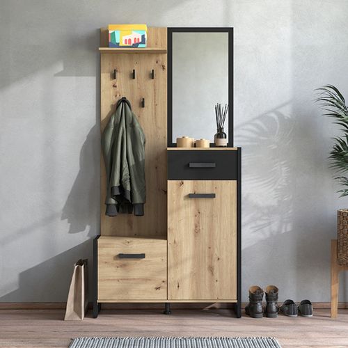 Mobile da Ingresso Marrone Rovere Nodi Nero Specchio Incluso un Cassetto 94.5x33.5x191h cm, 5 Ripiani - Corbetta